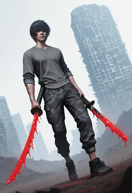 lazypos, ShatterEdge, Blood-soaked weapon, Katana,  1boy, aged up, black hair, short hair, five-o'clock shadow, grey muscle shirt, camo pants, sneakers, holding sword, sweat, dirt, dutch angle, epic, cinematic, city ruins, depth of field, volumetric lighting, lunging, swiping at viewer, In your face action,