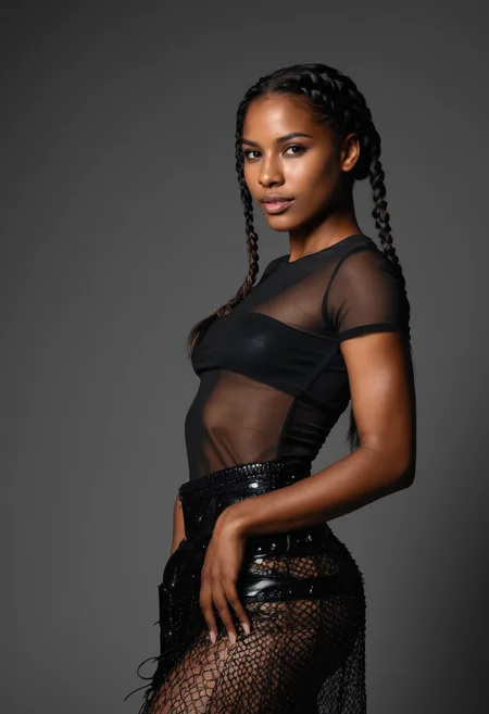 sdxl_lenruadi, cinematic photo, wearing a sheer mesh t-shirt with faux leather skirt, perfect boho braid hair, in studio rim lighting, editorial shot with sculptural shadows and high-gloss textures