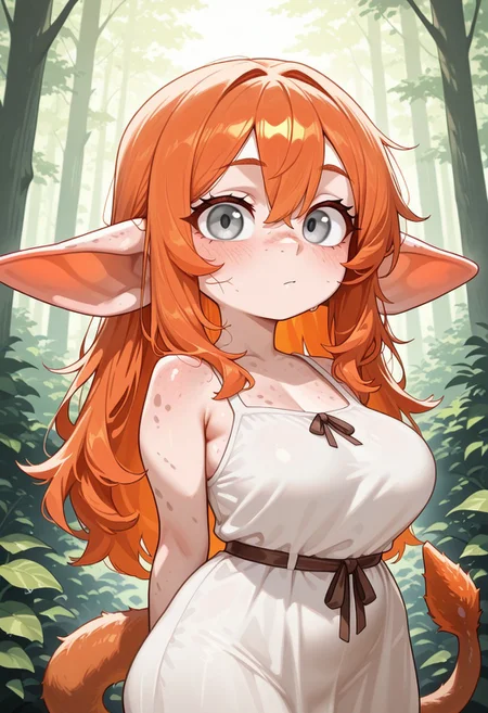 masterpiece, best quality, amazing quality, very aesthetic, solo, upper body,
goblin, short stature, shortstack, fur tipped pointed ears, big eyes,
1girl, female focus, long hair, orange ginger hair, grey eyes, Caucasian, freckled skin, farmers tan, long tail, fur tuff on the tip of the tail, white dress,
(looking at viewer:1.2), posing,
forest,