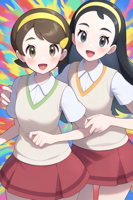 2d, masterpiece, best quality, amazing quality, highres, absurdres, newest, 2girls, standing, smile, open mouth, cowboy shot, upper body, colorful background, multicolored background, color splashes, teammates \(pokemon\), senpai, long hair, black hair, black eyes, yellow hairband, kohai, short hair, brown hair, brown eyes, hairclip, collared shirt, short sleeves, beige sweater vest, red skirt, miniskirt,,masterpiece,best quality,newest,absurdres,highres,very awa