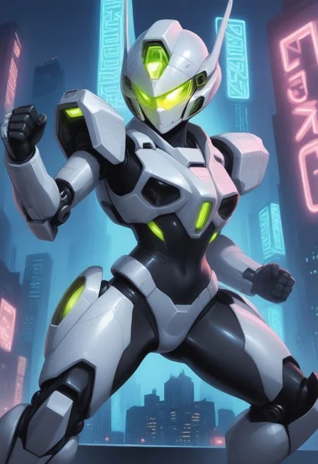 SmoothNoob_Quality, 1girl, mecha suits, mecha exoskeleton, augmented bodyparts, robotic bodyparts, multiple mechanical arms, black armor, neon silver lights, glowing visor, glowing armor, fighting stance, cityscape, <lora:SmoothStyle_Lambda:1>