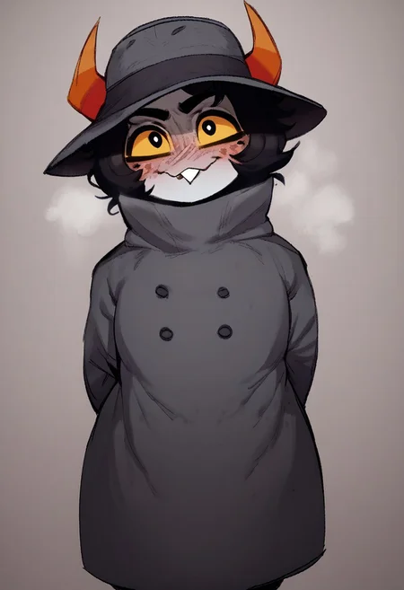 score_9, score_8_up, score_7_up, score_6_up, score_5_up, score_4_up, best quality, 1girl, big wide brim fedora, grey hat, dark grey trenchcoat, secretive, blushing, shy, looking at viewer, horns, black hair, steam, shorstack, looking up at viewer, black short hair, orange horns, black pupils, yellow sclera, pointy bucktooth, freckles, smile, hands behind back, chubby, stocky,