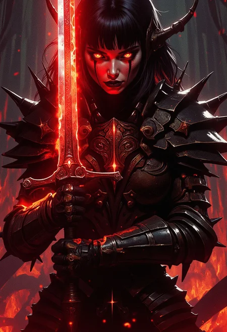 stunning female hellknight, spiky armour, no helmet, glowing eyes, dark hair, bangs, dark eyeshadow, thin red lips, holding huge sword glowing red, dynamic pose, silhouetted, chiascuro