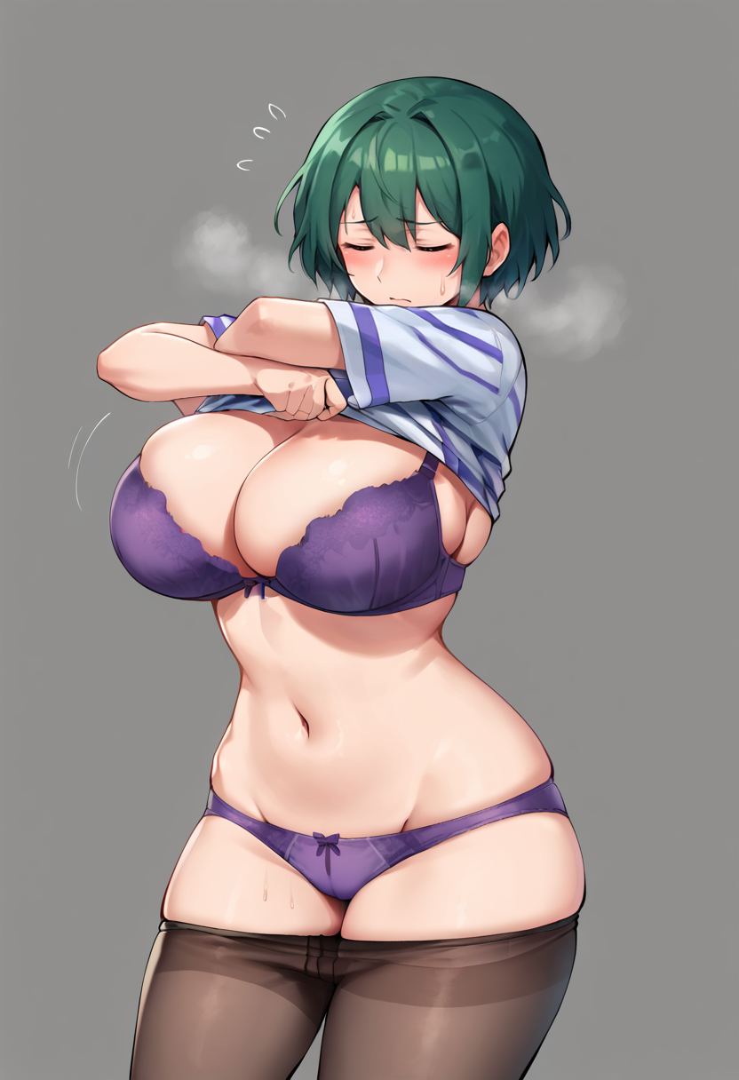 score_9, score_7_up,  1girl, 
huge breasts, wide hips, thick thighs, pantyhose, purple hair, pantyhose pull, bra, solo, panties, undressing, shirt lift, striped clothes, underwear, breasts, closed eyes, blush, short hair, grey background, purple bra, purple panties, t-shirt, sweatdrop, striped shirt, shirt, green hair, lifted by self, thighs, clothes lift, groin, clothes pull, navel, curvy
 <lora:hirunagi-Style-PonyXL-GLoRA-v1.1-000047:1>