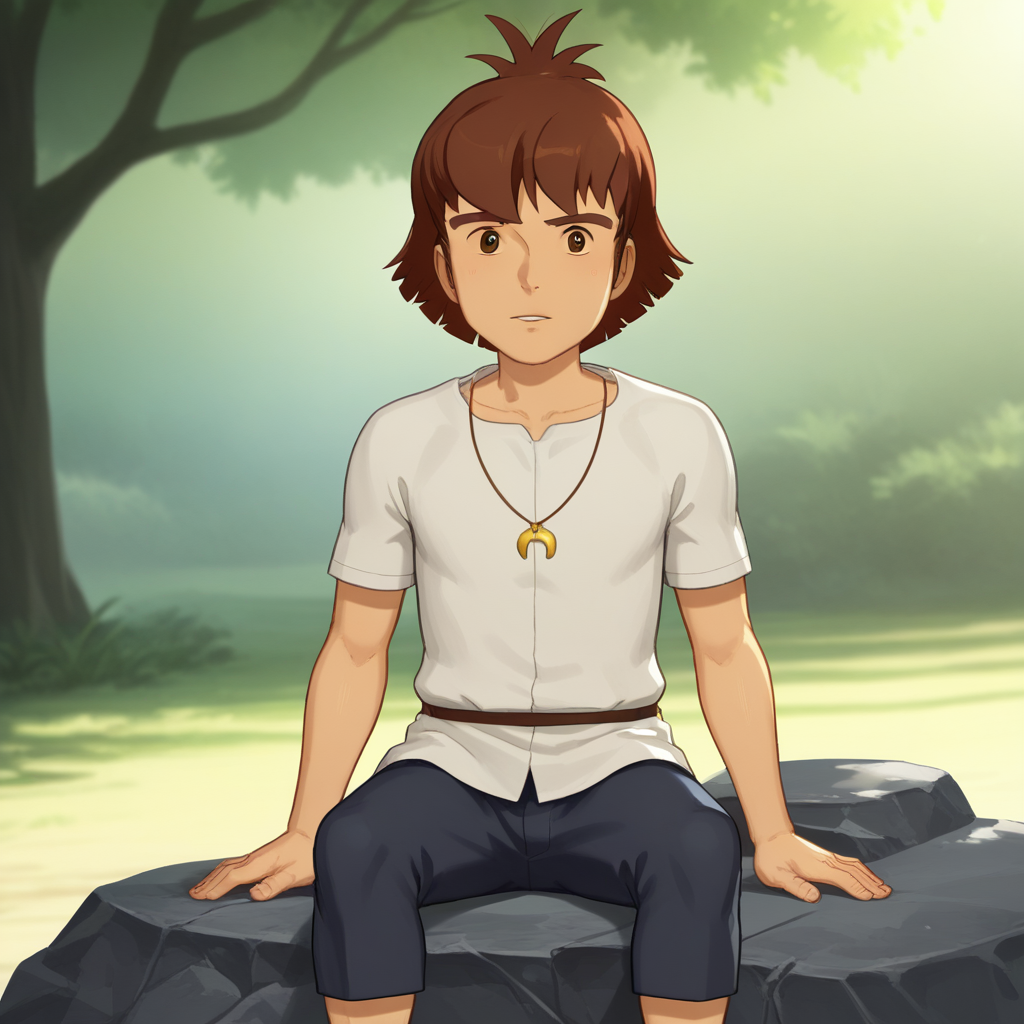 score_8_up, BREAK, Esteban, 1boy, solo, short hair, brown eyes, brown hair, white shirt, short sleeves, necklace, pants, cropped legs, sitting on rock, outdoors,<lora:Esteban_CityOfGold_PXL_Leaf2:1>, looking at viewer,
