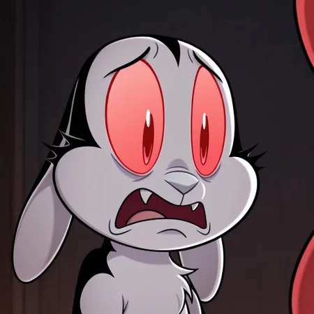 masterpiece, best quality, amazing quality, bunnicula, male, furry male, feral, solo, rabbit, black fur, white fur, two tone fur, red sclera, red eyes, fangs, grey nose, tail, paw pads, sad, frown, ears down, open mouth, close up, portrait