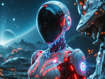 in the style of ck-ncr, an android female warrior with a translucent dark mirror helmet,with electric neon strand, detailed electronic part and gear,her helmet reflection of her surrounding, she is standing outside on a spaceship, her red and white armor suit is decorated with neon symbol. background milkyway, spaceship, planet, sfw, in the style of ck-ncr,<lora:Scifi\ck-Neurocore-Realistic-Cyborgs000013.safetensors:0.5:0.5> <lora:Blue\Flux Ink Wash Style_v1.safetensors:0.5:0.5> <lora:Blue\detailed_v2_flux_ntc.safetensors:1.0:1.0> <lora:Scifi\FluxDFaeTasticDetails.safetensors:0.35000000000000003:0.35000000000000003>