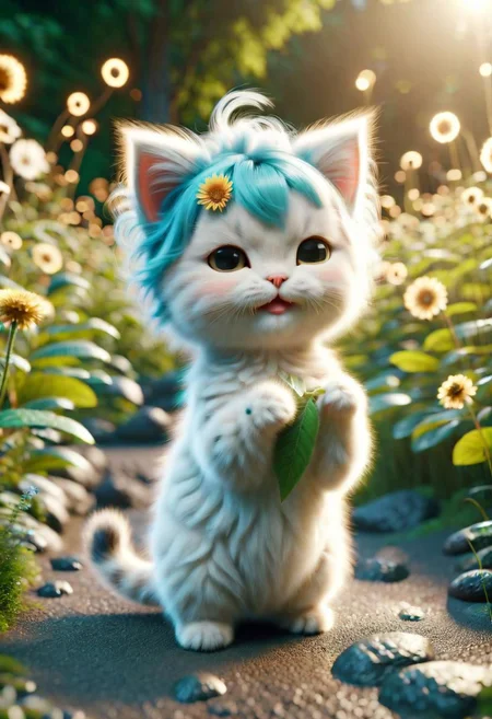 ral-fluff,<lora:ral-fluff:1>,
chibi,masterpiece,best quality,original,official art,metallic cat,hat,flower,blurry background,rendering,beautiful detailed glow,(detailed ice),beautiful detailed water,sunny, blurred flower, happy,grin