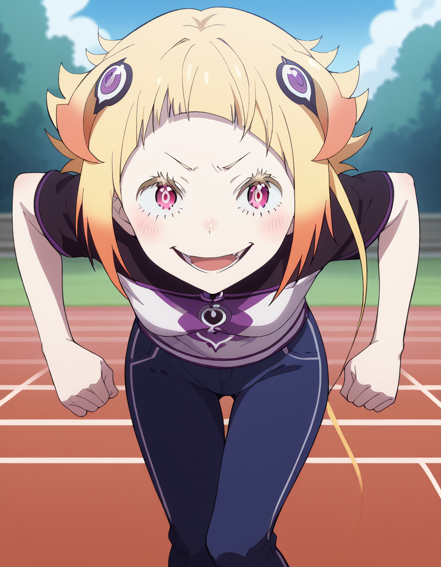 score_9, score_8_up, score_7_up, source_anime, <lora:capella-emerada-lugunica-s3-p1-ponyxl-lora-nochekaiser:1>, capella emerada lugunica, short hair, blonde hair, hair ornament, pink eyes, multicolored hair, gradient hair,, shirt, t-shirt, white shirt, pants, denim pants,, running track, lanes, red, exercise, race, smile, <lora:x-arms-ponyxl-lora-nochekaiser:1>, x arms, blush, open mouth, leaning forward,, looking at viewer, solo,, dutch angle, cowboy shot