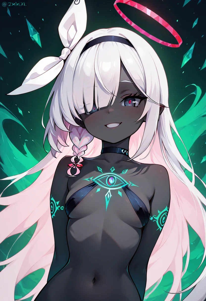 masterpiece, best quality, solo, curvy, beautiful eyes,  narrow waist, wide hips, zzPlana, grey eyes, white hair, bangs, braid, ribbon, halo, hair over one eye, black choker, bow hairband, hairband,  dynamic angle, foreshortening, close up, smile, looking at viewer,   ,       <lora:PlanaBlueArchiveIXL:1.0>, [Mystic Glow], Glowing green tribal tattoos across grey skin, ethereal glow, Upper body portrait with pointy ears and glowing eyes, surrounded by a soft green aura in a shadowy space, locking eyes with the viewer with an enigmatic expression.