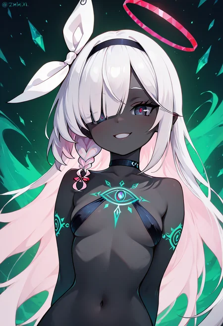 masterpiece, best quality, solo, curvy, beautiful eyes,  narrow waist, wide hips, zzPlana, grey eyes, white hair, bangs, braid, ribbon, halo, hair over one eye, black choker, bow hairband, hairband,  dynamic angle, foreshortening, close up, smile, looking at viewer,   ,       <lora:PlanaBlueArchiveIXL:1.0>, [Mystic Glow], Glowing green tribal tattoos across grey skin, ethereal glow, Upper body portrait with pointy ears and glowing eyes, surrounded by a soft green aura in a shadowy space, locking eyes with the viewer with an enigmatic expression.