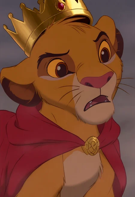 <lora:simba-Yiffy:1.0> cubsimba, solo, gold crown, red robe, white trim, BREAK best quality, high quality, masterpiece