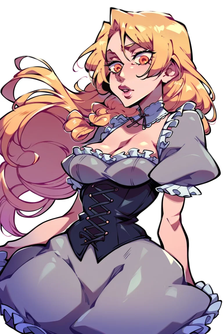<lora:Speedoru:1>, score_9, score_8_up, score_7_up, score_6_up, score_5_up, rating_questionable, source cartoon
1girl, pretty face, pretty eyes, detailed eyes, HD eyes, eyebrows, lips, parted lips, pink lips, supple lips
standing, cowboy shot wide hips, athletic, thick thighs, medium breasts, perfect breasts, round breasts, round hips
pale skin, (platinum blonde hair:1.2), bleach blonde hair, blonde hair, long hair, very long hair, braid, shiny hair, orange eyes
victorian dress, frilled dress, puffy sleeves, grey dress, black corset
simple background, white background