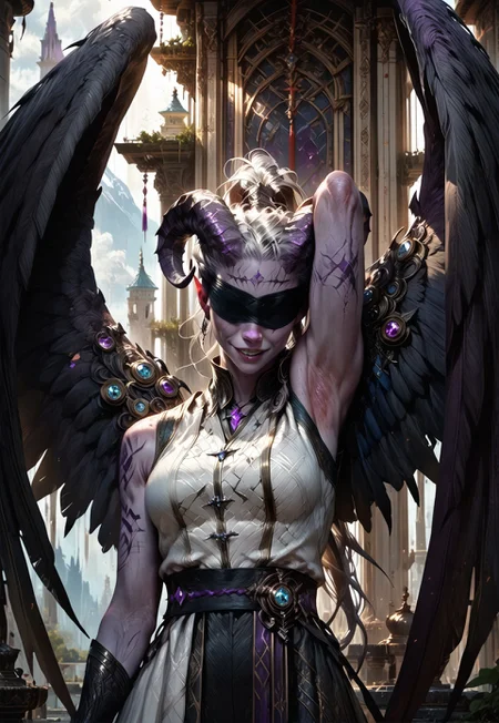 (absurdres, best quality, masterpiece:1.4),
score_9, score_8_up, score_7_up, score_6_up,
detailed,
detailed body,
detailed face,
fantasy,
alone,
female,
tiefling,
h0rns,
ram horns,
black horns,
tall,
((((purple skin)))),
((long grey hair, ponytail)),
(((wingsd, black wings))),
one arm above head,
soft smile,
(white robe, sleeveless,
blindfold, black cloth blindfold),
depth of field,
outdoors,
mountain temple,
upper body