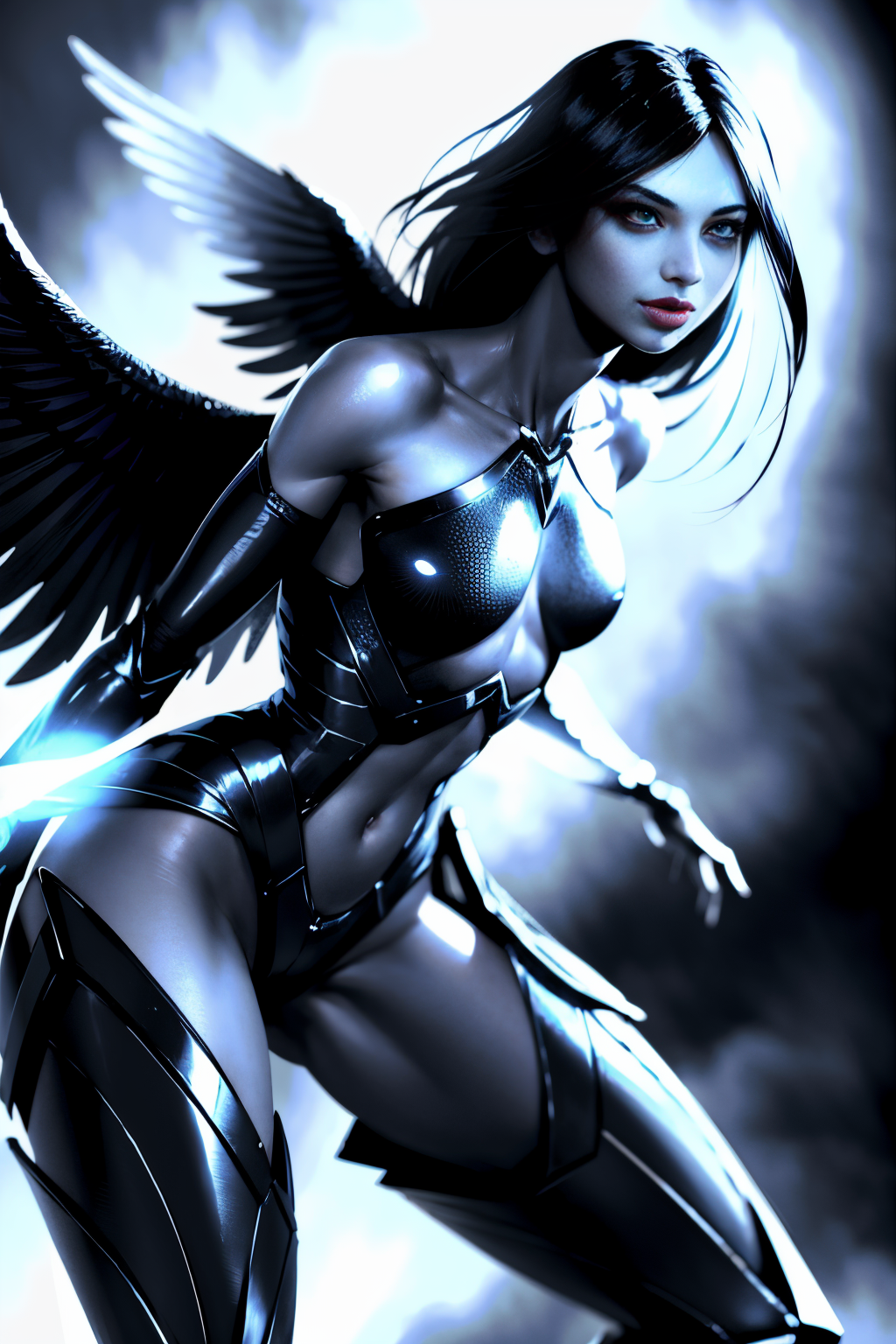(Realistic:1.5) tongue closed mouth male focus what wings black hair monster monochrome elbow gloves robot glowing bare shoulders glowing eye thighhighs  <lora:EdobFireAlienSoul_v1.0:0.8>