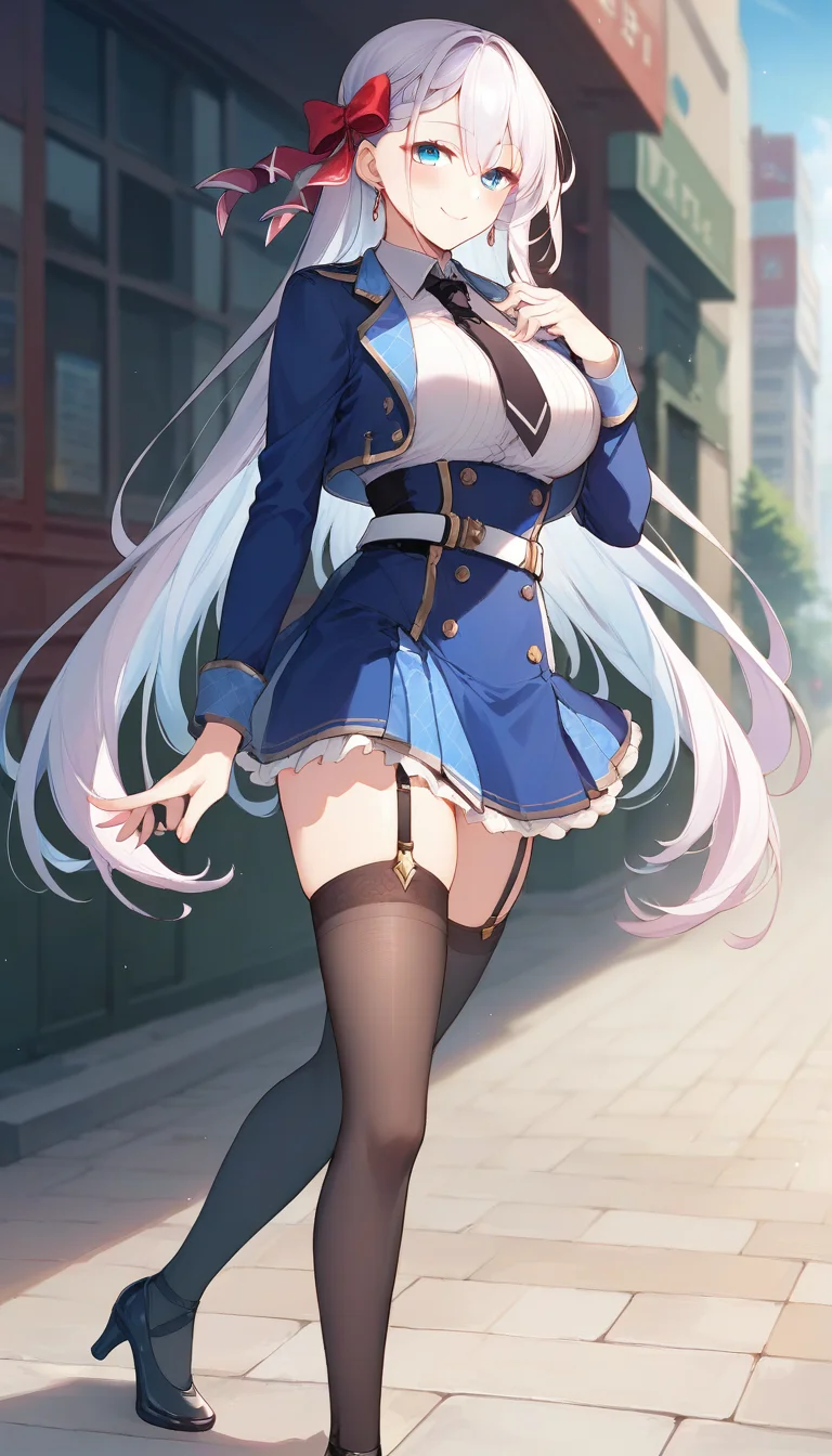 score_9,score_8_up,score_7_up,score_6_up BREAK official art,solo,outdoors,cowboy shot,looking at viewer,facing viewer,smile,blush,Lyseria Christaria,very long hair,white hair,floating hair,hair bow,red bow,braided bangs,jewelry,earrings,hair between eyes,blue eyes,blue jacket,cropped jacket,open jacket,wing collar,black necktie,white shirt,collared shirt,dress shirt,long sleeves,large breasts,double-breasted,white belt,blue skirt,high-waist skirt,pleated skirt,frilled skirt,thigh strap,garter straps,black thighhighs,zettai ryouiki,high heels,black footwear,<lora:Lyseria Christaria(sgmt)-Pony:1.2>,