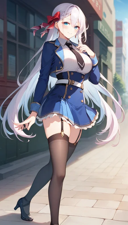 score_9,score_8_up,score_7_up,score_6_up BREAK official art,solo,outdoors,cowboy shot,looking at viewer,facing viewer,smile,blush,Lyseria Christaria,very long hair,white hair,floating hair,hair bow,red bow,braided bangs,jewelry,earrings,hair between eyes,blue eyes,blue jacket,cropped jacket,open jacket,wing collar,black necktie,white shirt,collared shirt,dress shirt,long sleeves,large breasts,double-breasted,white belt,blue skirt,high-waist skirt,pleated skirt,frilled skirt,thigh strap,garter straps,black thighhighs,zettai ryouiki,high heels,black footwear,<lora:Lyseria Christaria(sgmt)-Pony:1.2>,
