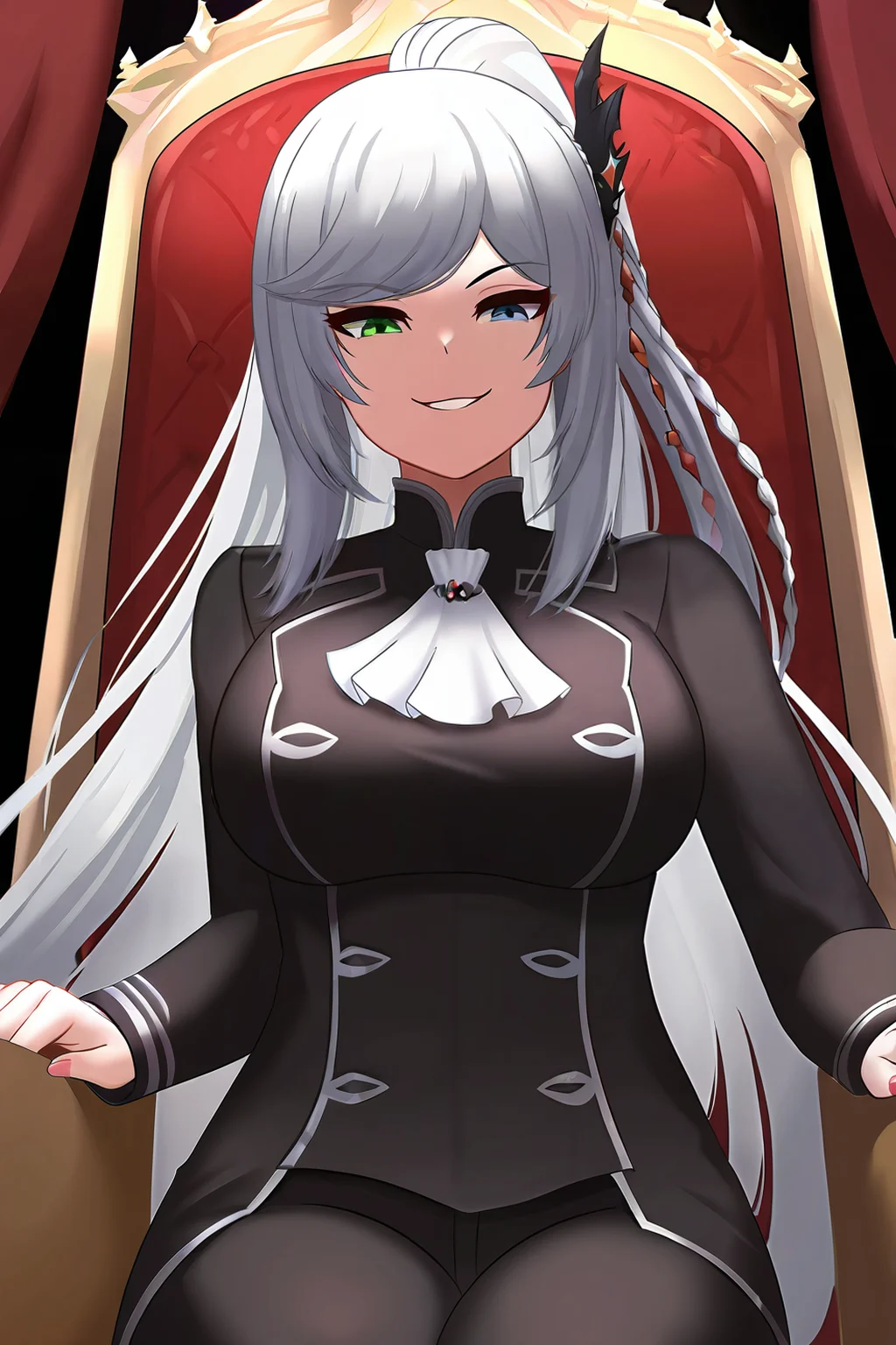 (masterpiece), (best quality), (intricate details, very aesthetic), absurdres, highres, 1girl, cinematic light, <lora:Livia_de_Udis-Illustrious:1> livia_wz, very long hair, grey hair, heterochromia, blue eyes, green eyes, hair ornament, large breasts, white ascot,long sleeves, black jacket, jewelry, black pants, throne, sitting on throne, throne room, evil smile, from below, cowboy shot, cslucaris,