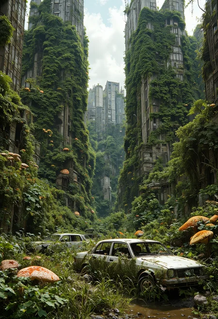 Highly detailed,photorealistic image of an abandoned city that is overgrown with lush vegetation. Skyscrapers are covered with lush green moss,ground vegetation,and multicolored fungi. Mutlipe abandoned cars have been swallowed by grasses and vines. Wildlife is roaming about and grazing on the abundant landscape. 8k,high def,octane render.,<lora:flux.1_lora_flyway_Epic-detail_v2:0.8>,<lora:aidmaImageUpraderv0.3:0.35>,aidmaimageupgrader,<lora:aidmaMJ6.1_v0.5_3:0.7>,aidmamj6.1,