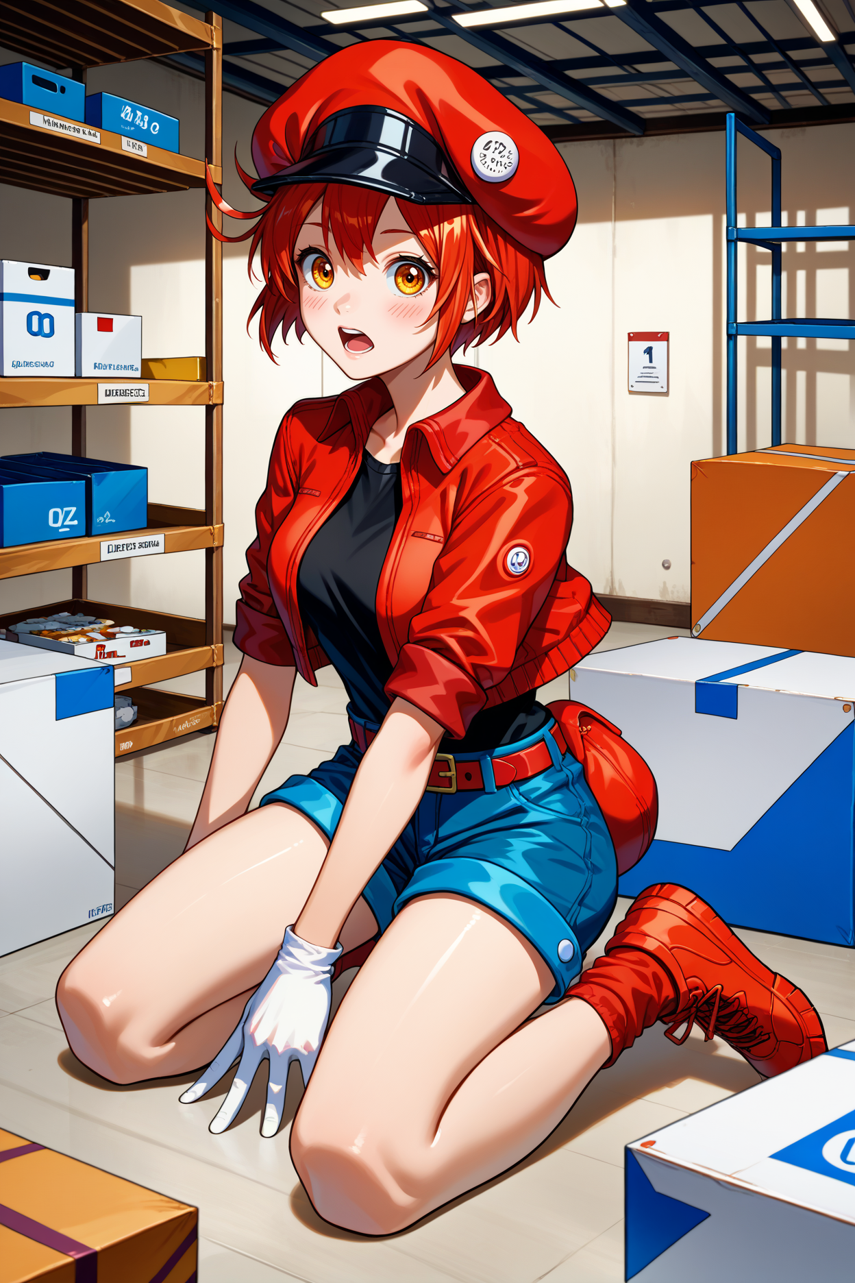 score_9, score_8_up, score_7_up, score_6_up, source_anime, 1girl, solo,  <lora:ae3803-pdxl-nvwls-v1-000005:1> ae3803, red hat, cabbie hat, red hair, short hair, ahoge, amber eyes, red jacket, short sleeves, black shirt, blue shorts, red belt, white gloves, medium breasts, red sneakers, socks, kneeling, indoors, warehouse, boxes, cardboard box, looking at you, full body, blush, open mouth