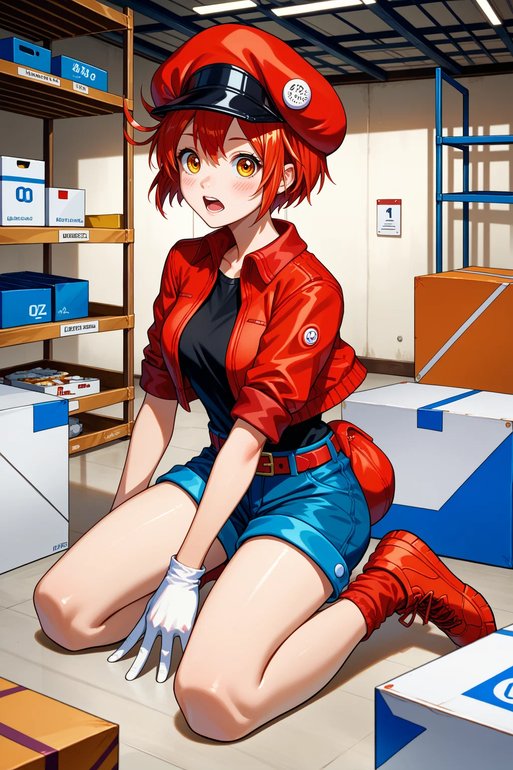 score_9, score_8_up, score_7_up, score_6_up, source_anime, 1girl, solo, <lora:ae3803-pdxl-nvwls-v1-000005:1> ae3803, red hat, cabbie hat, red hair, short hair, ahoge, amber eyes, red jacket, short sleeves, black shirt, blue shorts, red belt, white gloves, medium breasts, red sneakers, socks, kneeling, indoors, warehouse, boxes, cardboard box, looking at you, full body, blush, open mouth