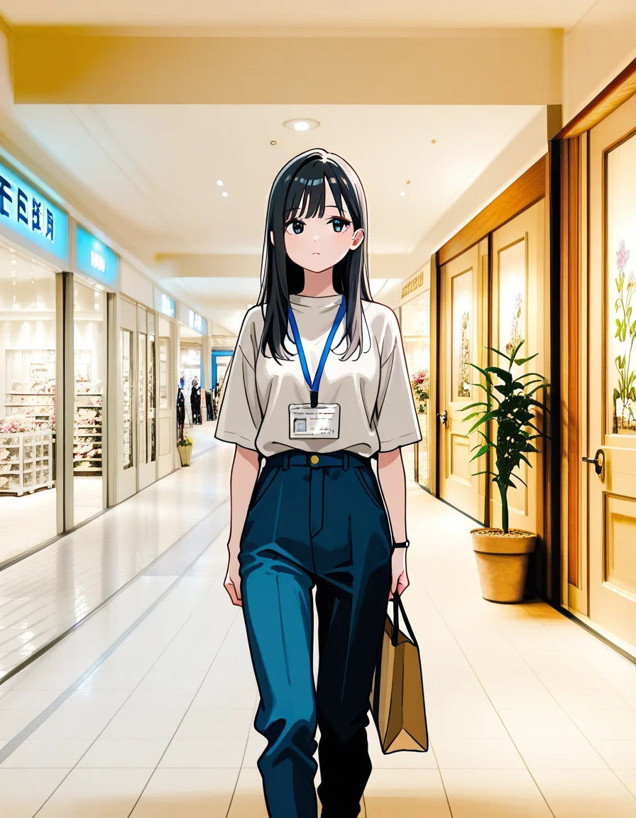 score_7_up, anime BREAK official art, solo, 1girl, one girl,
Black hair, (chest length hair:1.2), Straight Hair, bangs, one tucked behind ear, black eyes, feature large highlight, feature double highlights, shaped eyeblow,
<lora:Shopping_Mall-000006:1>, Shopping Mall, photo background, real world location,
shop, tiles, plant, reflective floor, tile floor, box, sign, door, flower pot, corridor, indoors,
(masterpiece:1.3), best quality, high resolution, unity 8k wallpaper, extremely detailed CG, 8K, (watercolor \(medium\), muted color, sketch:1.1), perfect anatomy, highly finished, masterpiece, best quality, high quality, amazing quality, great quality, very aesthetic, ultra detailed, highres, absurdres, highly detailed, highly detailed background,