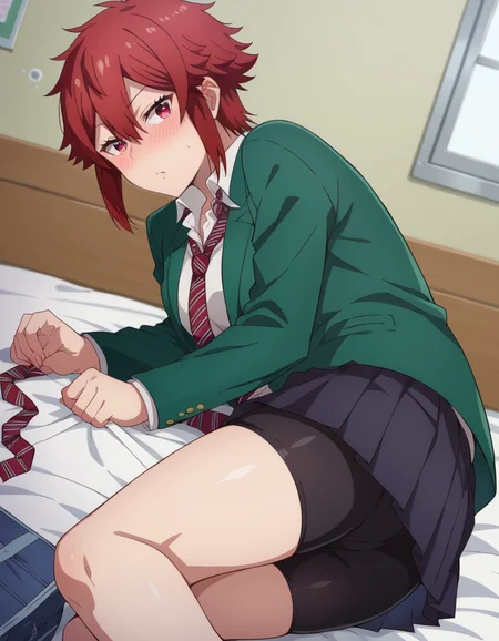 score_9, score_8_up, score_7_up, source_anime,
tomoaizawa, <lora:tomo-aizawa-ponyxl-lora-nochekaiser:1>,
tomo aizawa, short hair, red eyes, hair between eyes, red hair,
skirt, shirt, school uniform, jacket, white shirt, pleated skirt, necktie, striped, black skirt, blazer, red necktie, school bag, green jacket, striped necktie, green blazer, bike shorts,
indoors, bed, bed room, on side, blush, drunk,
looking at viewer, dutch angle, cowboy shot,