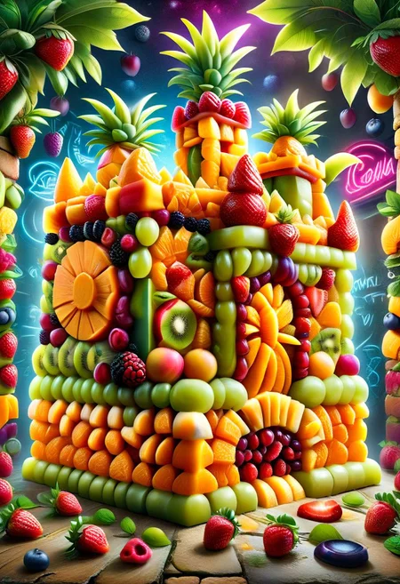 a legendary fruit castle in a fruit kingdom made of made of ral-fruitsalad, intricate details, masterpiece, best quality, colorful ,background of a London style brick wall, graffiti, neon lights,