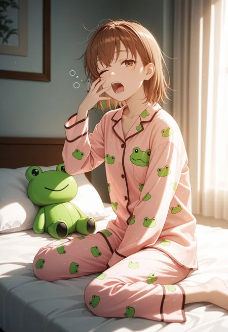 masterpiece,best quality,absurdres,highres,very aesthetic,high quality,detailed,insanely detailed,beautiful,perfect lighting, looking at viewer,
<lora:Misaka Mikoto illu:1>1girl, gekota, 1girl, frog print, brown hair, pajamas, one eye closed, animal print, barefoot, yawning, brown eyes, open mouth, bed, stuffed toy, sitting, short hair, pillow, waking up, sleepy, stuffed animal, wariza, looking at viewer, indoors