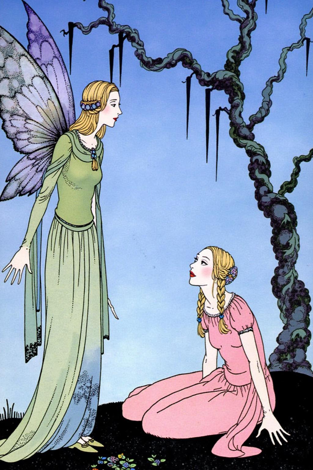 sterrett1 color illustration.
A scene between a fairy and a young woman. The fairy, standing on the left, has translucent, iridescent wings with a gradient of blue and purple hues. Her hair is styled in a flowing, wavy pattern. On the right, a blonde woman sits on the ground, looking up at the fairy. Her hair is styled in two braids, and she is dressed in a flowing, light pink, medieval-style gown. There is a dead tree without any leaves behind her.
 <lora:sterrett1_cap_d6a3e8:1.0><lora:837017275765764603:0>
