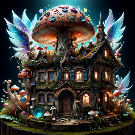 Fae village: Nestled within a towering, hollowed-out mushroom, a tiny village bustles with activity. Fae folk with iridescent wings flit between miniature houses carved from wood and leaves. A vibrant marketplace overflows with glowing flowers, shimmering crystals, and enchanted trinkets. (Ethereal, painterly, insanely detailed) award winning artwork,
many details, extreme detailed, full of details,
Wide range of colors., Dramatic, Dynamic, Cinematic, Sharp details Insane quality. Insane resolution. Insane details. Masterpiece. 32k resolution, casting shadow style, couloirs patterned illumination ,Fae village: Nestled within a towering, hollowed-out mushroom, a tiny village bustles with activity. Fae folk with iridescent wings flit between miniature houses carved from wood and leaves. A vibrant marketplace overflows with glowing flowers, shimmering crystals, and enchanted trinkets. (Ethereal, painterly, insanely detailed) award winning artwork,
many details, extreme detailed, full of details,
Wide range of colors., Dramatic, Dynamic, Cinematic, Sharp details Insane quality. Insane resolution. Insane details. Masterpiece. 32k resolution, casting shadow style, couloirs patterned illumination