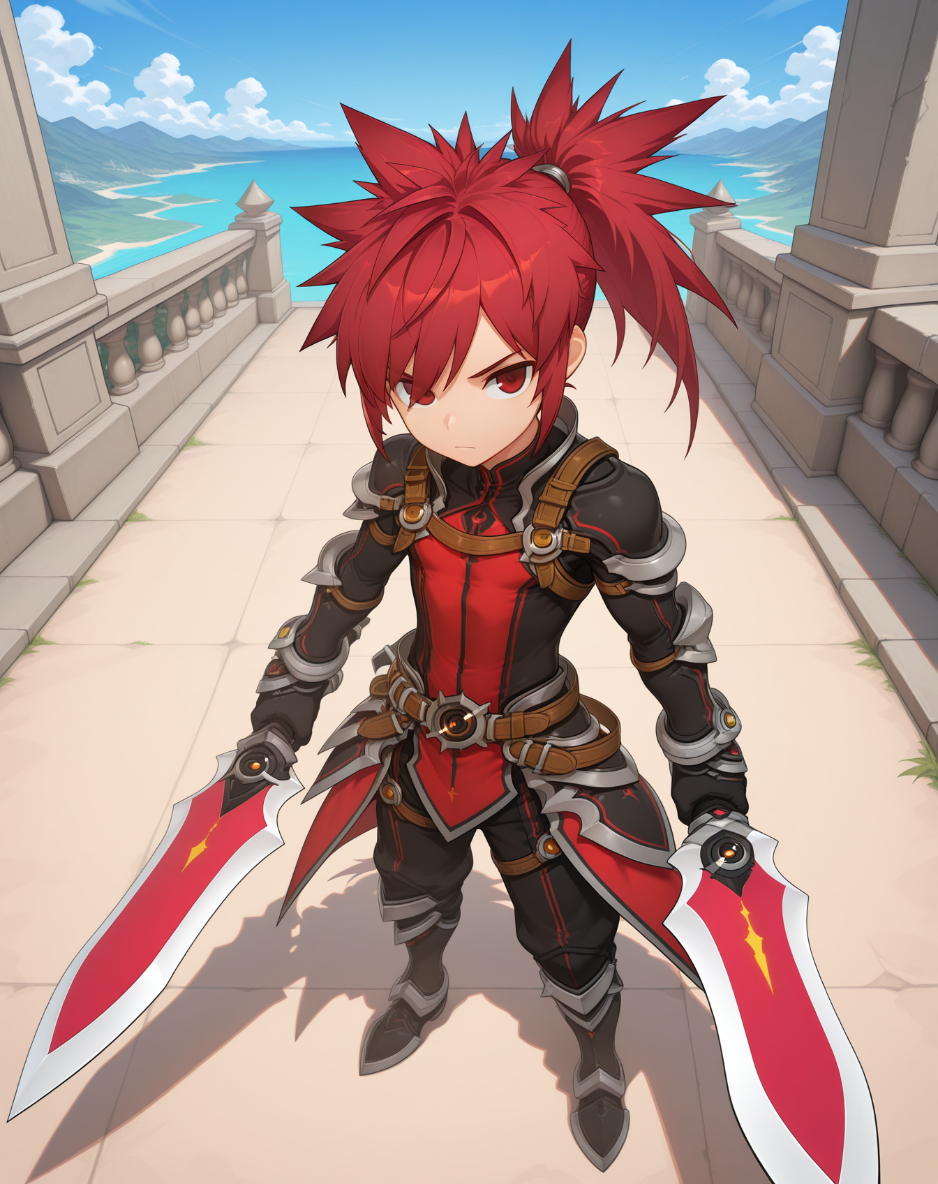 masterpiece, amazing quality, best quality, absurdres, very aesthetic,
1boy, solo, yaoi, male focus, full body, from above, standing, looking at viewer, face focus,
 <lora:Elsword_Sheath_Knight_ilxl:1>   elswordsk, red hair, red eyes, spiked hair, long hair, ponytail,
black pants, gloves, surcoat, armor, belt, knee boots, 
sword, dual wielding, holding weapon, reverse grip,
outdoors, day, blue sky,