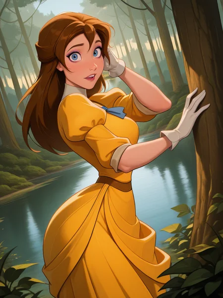 hi res, best quality, masterpiece, narrow waist, wide hips, thick thighs
1girl, medium breasts, (JaneXL:1.1), long hair, brown hair, blue eyes, yellow dress, puffy sleeves, white gloves, skirt, makeup,
light smile, dutch angle, shy pose, shy, looking at viewer, forest, lake, vegetation, daylight, portrait, dynamic pose, cowboy shot, from side, one hand on hair, one hand on open mouth, surprised, 
<lora:JanePorterXL_Character:0.75> <lora:AMarvelRivals_style-06:0.85> MarvelRivals,,, semi realistic, cartoon,,,