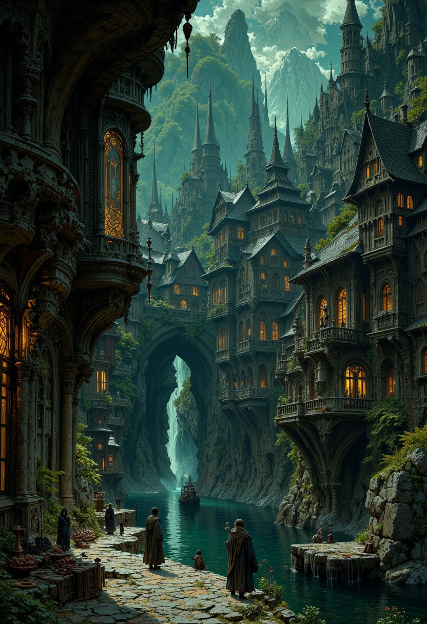 dreamscape a surreal dreamscape of a grimdark fishing village, ghosts, shadows, dementors, filled with ethereal mystery amidst fantastical elements that captivate viewers in an enchanting manner., surreal,ethereal,dreamy,mysterious,fantasy,highly detailed