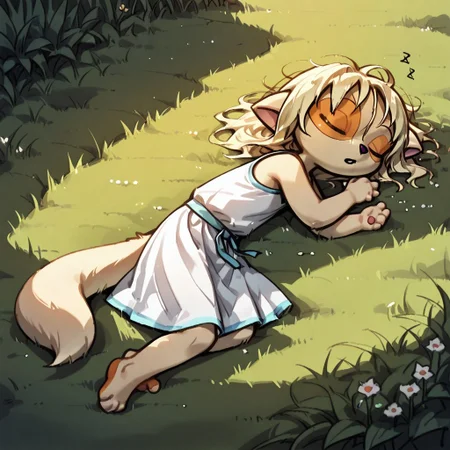 Dreamkeepers,1girl,Paige,solo,furry,tail,source_furry,blonde hair,
masterpiece, child, kid,
grass, laying, sleeping, summer, outside, messy hair, white summer dress,