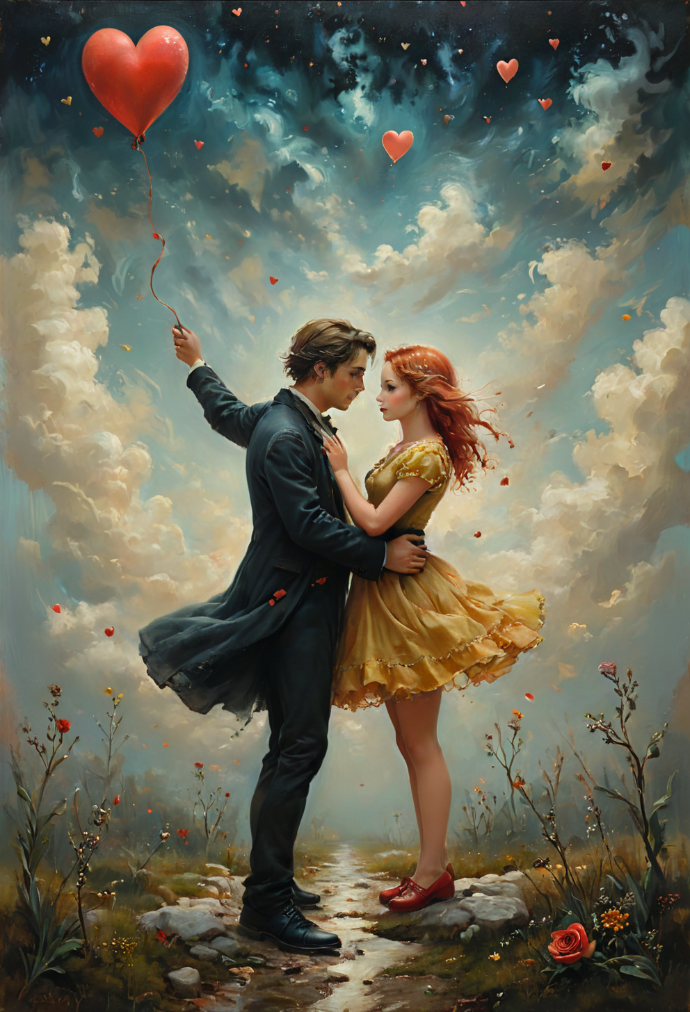 Oil painting, cute, colorful, vivid and whimsical, imaginative, surreal fantasy,  An epic image of unrequited lost love, ((dynamic angle, dynamic view, dynamic pose)), blurred background, 
<lora:add-detail-xl:1> ,  <lora:aidmaImageUpgraderSDXL-v0.3:0.75> aidmaimageupgrader,   <lora:xl_more_art-full_v1:1>,   <lora:tbh210-sdxl:0.35> style of Art Frahm,  <lora:tbh278-sdxl:0.30> style of Stephen Mackey,  <lora:tbh102-sdxl:0.45> style of Andreas Achenbach <lora:Flux-style-xl-lora:0.85> flux-style