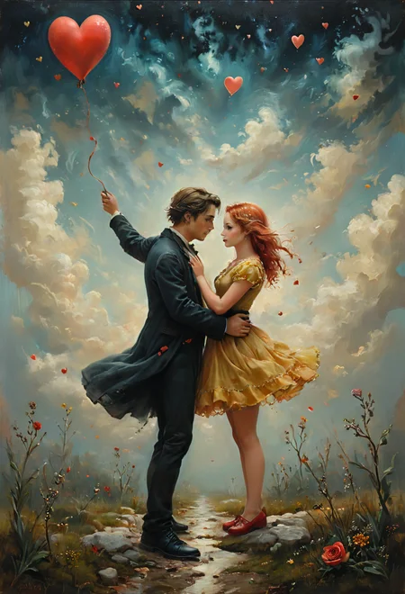 Oil painting, cute, colorful, vivid and whimsical, imaginative, surreal fantasy, An epic image of unrequited lost love, ((dynamic angle, dynamic view, dynamic pose)), blurred background,
<lora:add-detail-xl:1> , <lora:aidmaImageUpgraderSDXL-v0.3:0.75> aidmaimageupgrader, <lora:xl_more_art-full_v1:1>, <lora:tbh210-sdxl:0.35> style of Art Frahm, <lora:tbh278-sdxl:0.30> style of Stephen Mackey, <lora:tbh102-sdxl:0.45> style of Andreas Achenbach <lora:Flux-style-xl-lora:0.85> flux-style