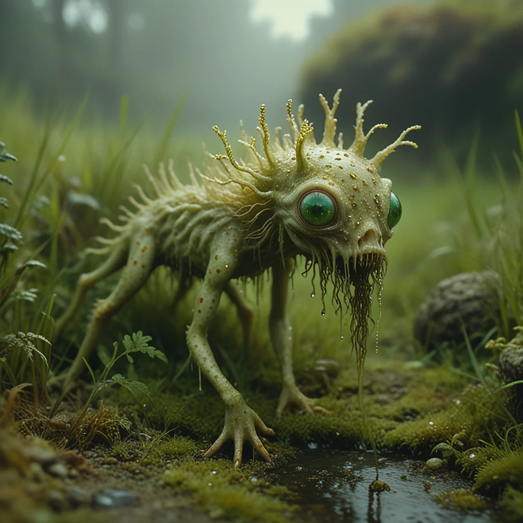 gold PXDlichenmutant, lurking in green grass, amazing nature, natural lighting, analog photo, detailed 4k, creepy creature, moss, stream, water, intricate image details, rainbow shine, dripping water, haze, fog, colorful body dots,