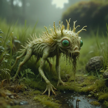 gold PXDlichenmutant, lurking in green grass, amazing nature, natural lighting, analog photo, detailed 4k, creepy creature, moss, stream, water, intricate image details, rainbow shine, dripping water, haze, fog, colorful body dots,