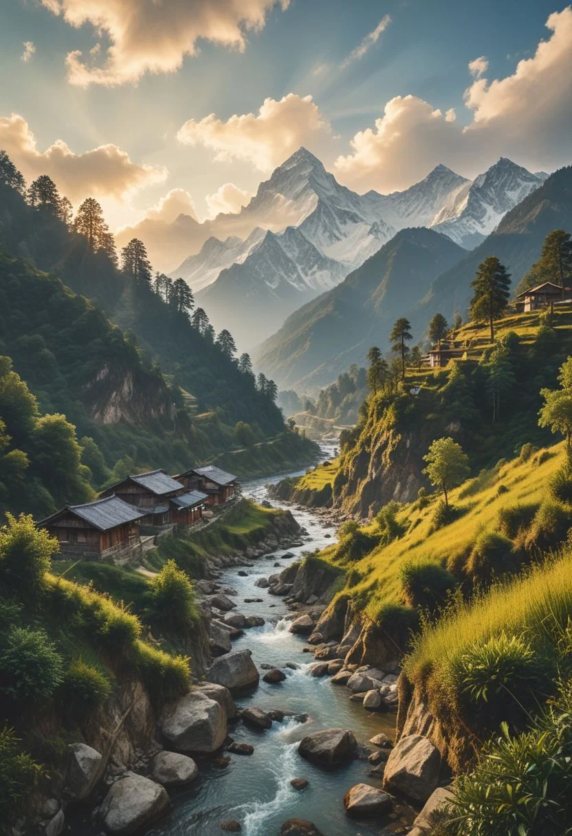 A serene and picturesque scene of the Nepal valley, surrounded by towering Himalayan mountains. In the distance, the majestic Mount Everest, the highest peak in the world, proudly stands tall, adorned by its icy white cap. The valley itself is lush and green, dotted with small villages and terraced rice paddies.
The sky is a brilliant blue, unobstructed by clouds, allowing the warm sunlight to bathe the entire landscape in a golden glow. The air is crisp and clean, filled with the scent of pine trees and the sound of rushing mountain streams.
In the foreground,there is a wooden bridge across that spans a narrow gorge. The image evokes a sense of peace and harmony, as well as an overwhelming appreciation for the raw beauty and majesty of nature.