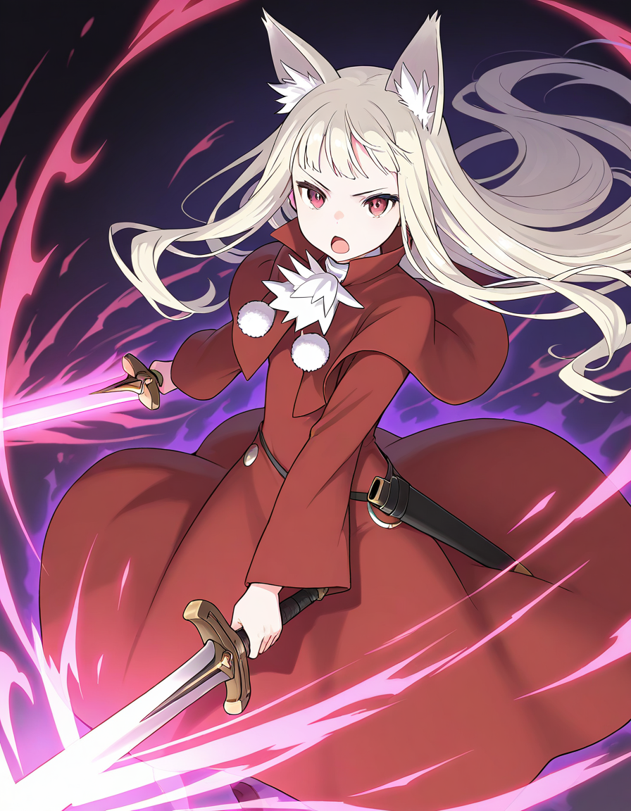 masterpiece, best quality, good quality,  <lora:Belfraw_Martini_IS:1> no hat,
Belfraw_Martini, 1girl, solo, white hair, open mouth, animal ears, red dress, pom pom (clothes),
looking at viewer, weapon, long sleeves, sword, red eyes, sword, hold,
aura, magic effect,