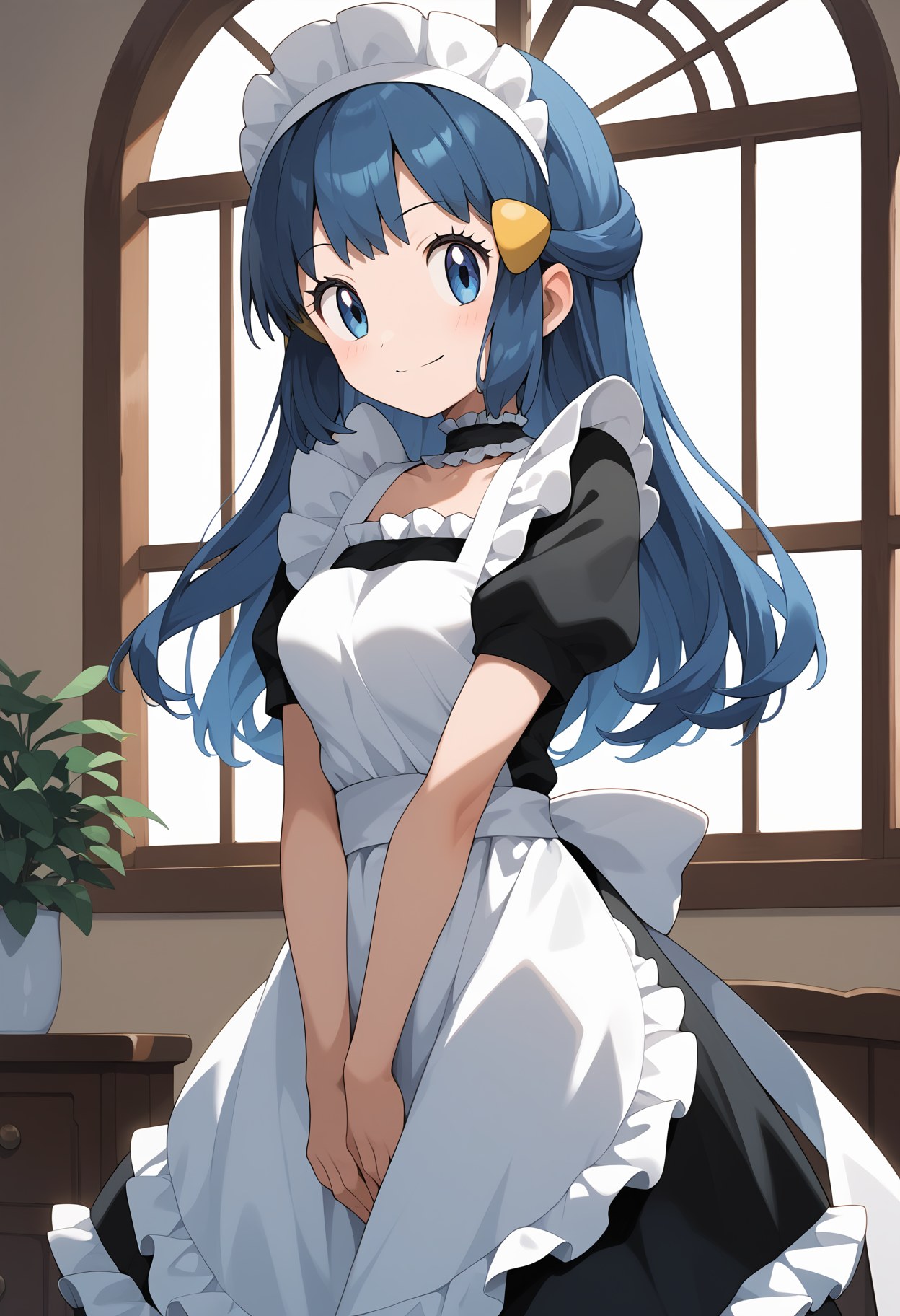 score_9, score_8_up, score_7_up, score_6_up, score_5_up, score_4_up, source_anime, aadawn, long hair, blue hair, maid headdress, hair ornament, blue eyes, breasts, maid, frills, black dress, short sleeves, white apron, white thighhighs, <lora:dawn_(pokemon)_ponyxl_v1:0.9>, standing, cowboy shot, smile, v arms, indoors,