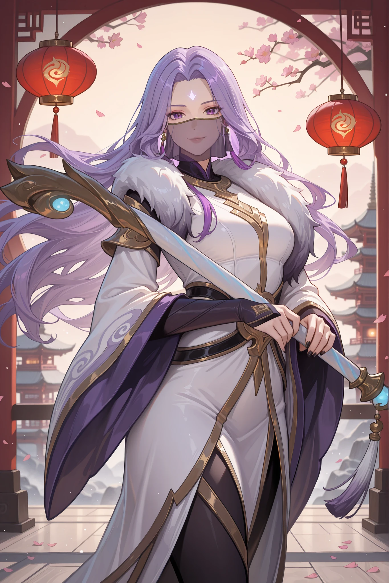 Masterpiece, best quality, ultra-detailed, absurdres, newest, semirealistic, cinematic lighting, dramatic shot, high aesthetic,  
1girl, solo, luoyi, long purple hair, flowing hair, purple eyes, mouth veil, forehead mark, fur trim, wide sleeves, white dress, black nails, black leggings,  elegant stance,  holding staff,
cowboy shot, standing pose, looking at viewer, warm smile, mature female, traditional Chinese architecture, ancient pagoda, red lanterns glowing, soft mist hovering over ground, falling cherry blossom petals, golden sunlight casting warm glow, soft wind, painterly aesthetic, evocative storytelling, cinematic depth of field, ultra sharp details  

