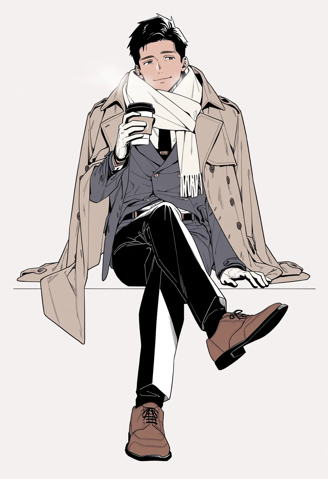 masterpiece, best quality, very aesthetic, highres, hima0jin, <lora:hima0jin_IllustriousXL_β:0.8>,
original, solo, smile, short hair, simple background, shirt, black hair, gloves, 1boy, holding, sitting, jacket, full body, male focus, necktie, shoes, belt, pants, white gloves, grey background, scarf, cup, coat, brown footwear, crossed legs, holding cup, white scarf, disposable cup, coffee cup