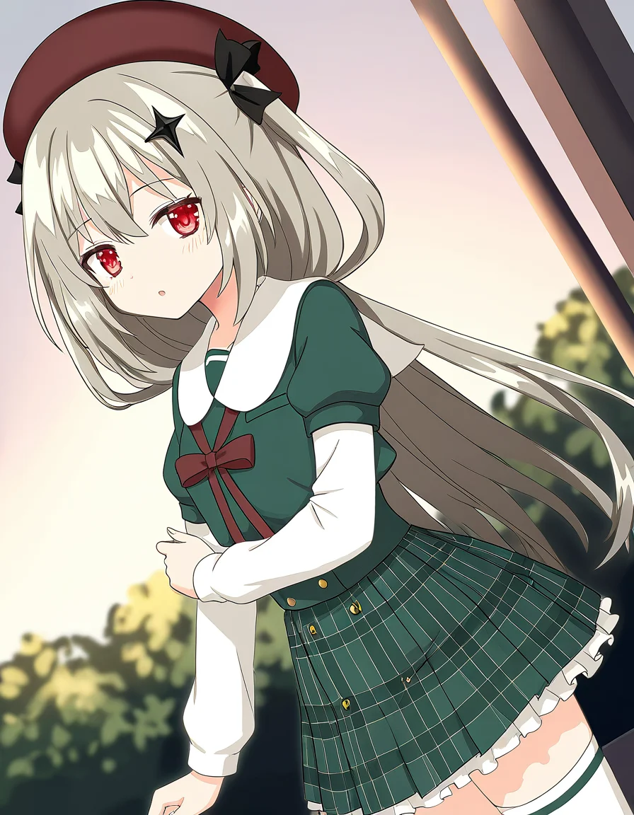 masterpiece, best quality, newest, absurdres, highres, safe, 1girl, irina kushu \(school uniform\), magia record: mahou shoujo madoka magica gaiden, white sleeves, solo, looking at viewer, outdoors, dutch angle, <lora:irina_kushu_noobaiXLNAIXL_vPred10Version:0.7>
