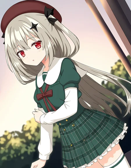 masterpiece, best quality, newest, absurdres, highres, safe, 1girl, irina kushu \(school uniform\), magia record: mahou shoujo madoka magica gaiden, white sleeves, solo, looking at viewer, outdoors, dutch angle, <lora:irina_kushu_noobaiXLNAIXL_vPred10Version:0.7>