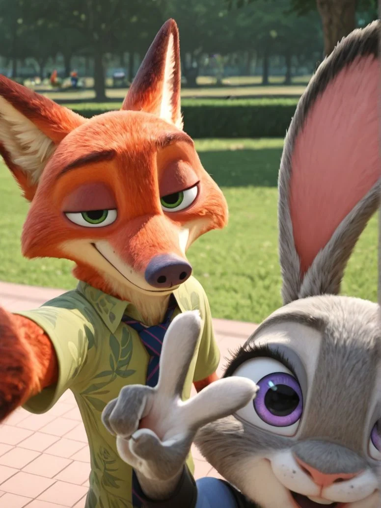 zootopia artstyle,
best quality, amazing quality, anthro, fox, nick wilde, rabbit, judy hopps, selfie, outside, solo focus, park, v sign,
<lora:Zootopia_Art_Style_ill_3D:0.7>​​​