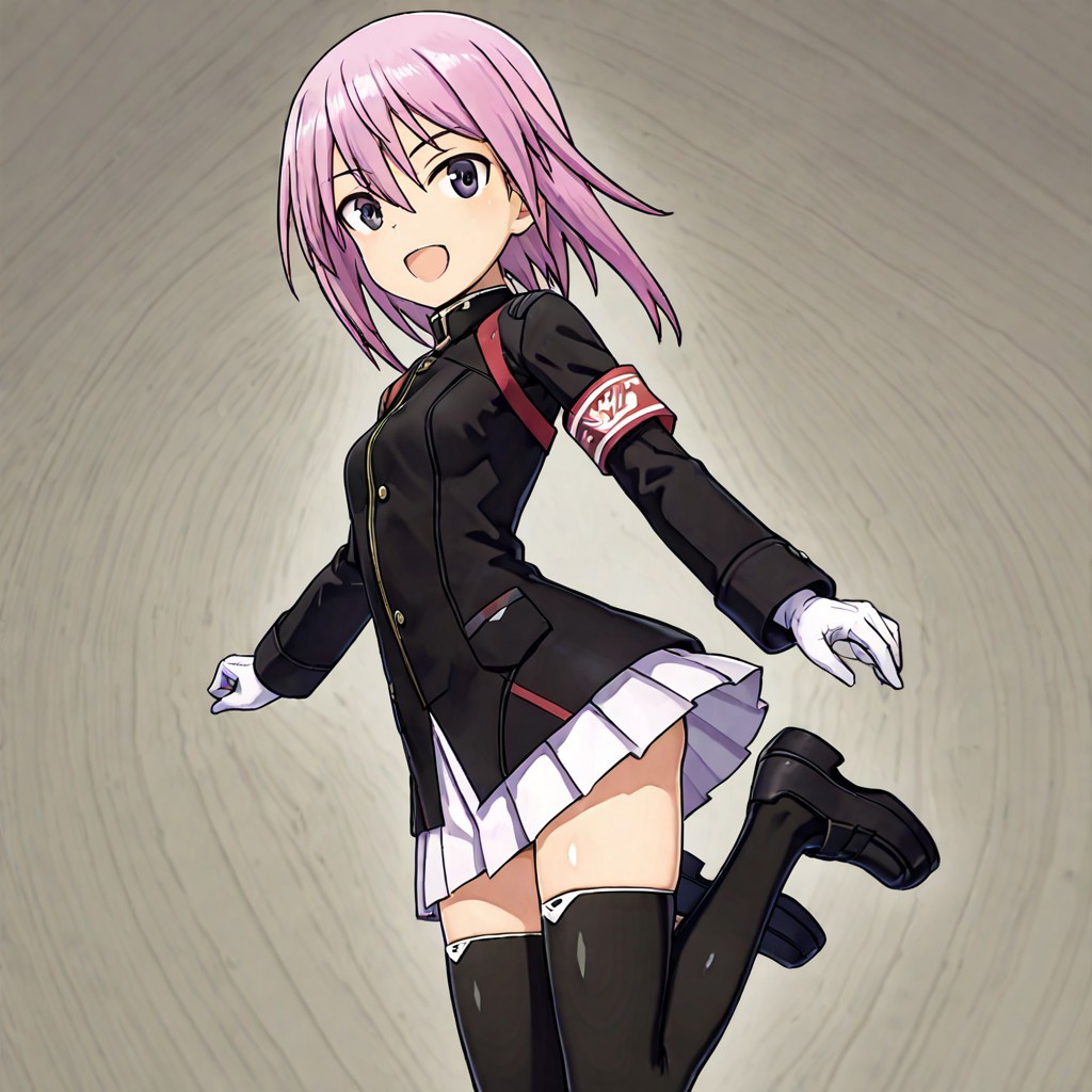 shiny skin,,1girl,,solo, score_9, score_8_up, score_7_up, source_anime,anime screencap,:d,smile,shimada fumikane (style),yotsuyu,pink hair,animacion_y,armband,black jacket,white miniskirt,white gloves,black thighhighs,black footwear,jumping,,ng_deepnegative_v1_75t,an14