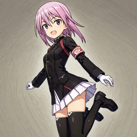 shiny skin,,1girl,,solo, score_9, score_8_up, score_7_up, source_anime,anime screencap,:d,smile,shimada fumikane (style),yotsuyu,pink hair,animacion_y,armband,black jacket,white miniskirt,white gloves,black thighhighs,black footwear,jumping,,ng_deepnegative_v1_75t,an14