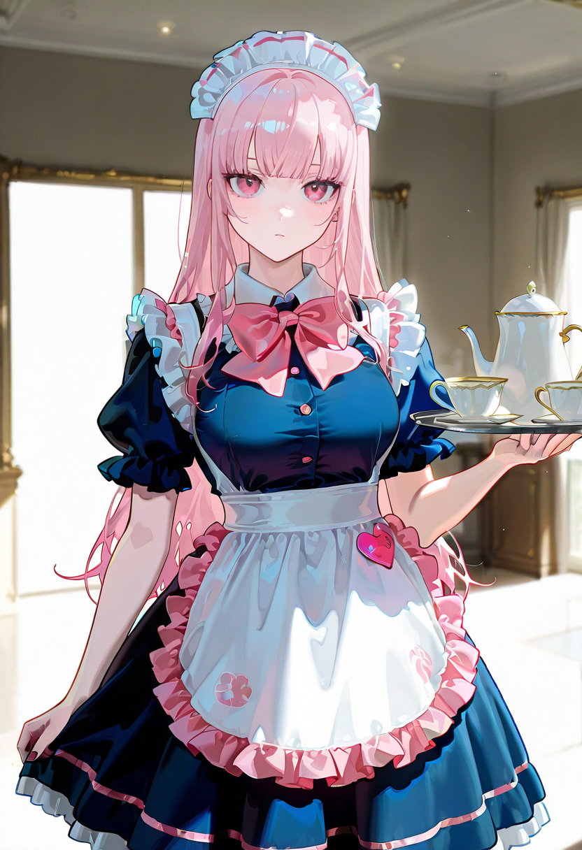 1girl,solo,looking at viewer, echo (circa),maid, 1girl, maid headdress, apron, blue dress, frills, short sleeves, pink bow, mori_calliope,tray,teapot,teacup,
